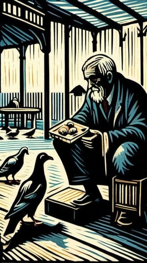 A lino print of a n old man feeding pigeons in the parc, dark palette,  high resolution and contrast,  intricately textured and detailed,  fine artwork,woodblock print