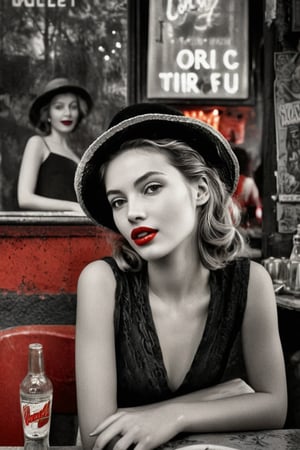  (photographic artwork, masterpiece) (((monochrome  image 40s style black and white) and red ), yellow hue to the background)  a full-body  portrait  of a grinning  lady with dark red lipstick coloured lips wearing a small straw hat in a parc , dark palette , transparent  fading,  resolution and contrast and colour contrast,  intricately textured and extremely subtle detailed,  detailmaster2,  side-light,  ultra quality,  fine artwork 