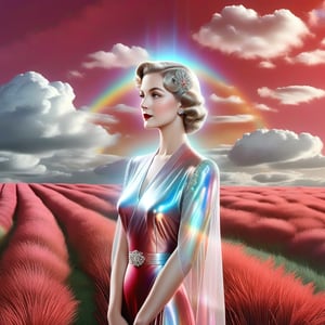 (((Colour photography)))_(((Art photography, masterpiece)))_(((the photograph of an elegant holographic vintage Lady of the 30s:1.7)))_(((background, grassy plain all over in scarlet/maroon:1.3)))_(((in the sky fantastically formed clouds:1.3)))_volumetric lighting,  dark palette, 28mm, t1/250, f14,  deep focus, high resolution and contrast and colour contrast,  intricately textured and extremely subtle detailed,  detailmaster2, side-light,  ultra quality,  fine artwork , Raw Photo