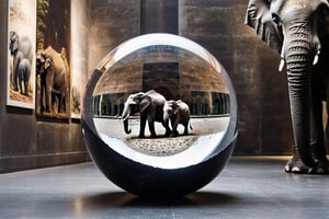 (((Black and white photography )))_(((Art photography, masterpiece)))_( A large round translucent concrete crystal  ball filling the image, lying on a museum floor  reflecting  an elephant in divergent perspective:1.7)_(black and white  surroundings:1.2),  dark palette, 28mm, t1/250, f14,  high resolution and contrast and colour contrast,  intricately textured and extremely subtle detailed,  detailmaster2,  side-light,  ultra quality,  fine artwork , Raw Photo