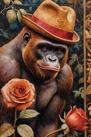  (photographic artwork) ((monochrome  image 70s style black and white) and red)  a full-body  portrait  of a grinning  gorilla with a red hat in a zoo, dark palette , transparent  fading,  resolution and contrast and colour contrast,  intricately textured and extremely subtle detailed,  detailmaster2,  side-light,  ultra quality,  fine artwork 