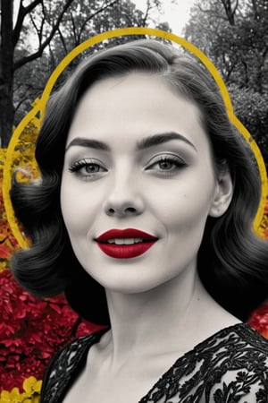  (photographic artwork, masterpiece) (((monochrome  image 40s style black and white) and red ), yellow hue to the background)  a full-body  portrait  of a grinning  lady with dark red lipstick coloured lips in a parc , dark palette , transparent  fading,  resolution and contrast and colour contrast,  intricately textured and extremely subtle detailed,  detailmaster2,  side-light,  ultra quality,  fine artwork 