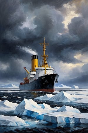 (Oil painting,  masterpiece ) dramatic scene, an ice-breaker inmidst of a storm  near the southpolar region, epic view,  dark palette,  high resolution and contrast and colour contrast,  intricately textured and extremely subtle detailed,  detailmaster2,  side-light,  ultra quality,  fine artwork 