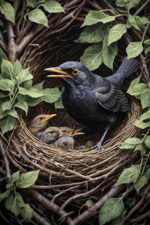 A blackbird feeding its nestlings  in his nest among bushes, high  resolution and contrast,  high colour contrast,  intricately textured and extremely detailed,  detailmaster2,  side-light,  ultra quality,  dark palette ,Leonardo Style,Pomological Watercolor