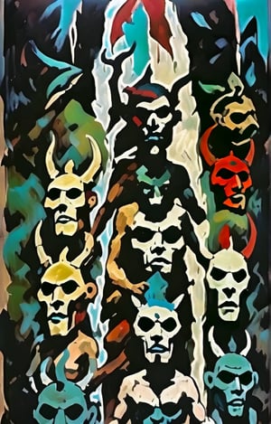 (A totem dance in rainforest around a masked tree with cut in masks  of gods and demons:1.6),BREAK,(masked with demonesc wood masks, men and women dancing together around the tree:1.2),BREAK, (dark greens, browns, grays, yellows and muted colours:1.2), intense atmosphere, action, elegant deep focus, detailmaster2,  strobe lighting, concept art, ultra quality,  fine artwork 