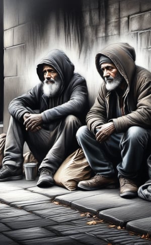 (CharcoalDarkStyle drawing) 3 homeless persons hanging around in town begging, dark palette,  high resolution and contrast and colour contrast,  intricately textured and extremely subtle detailed,  detailmaster2,  side-light,  epic,  ultra quality,  fine artwork ,CharcoalDarkStyle