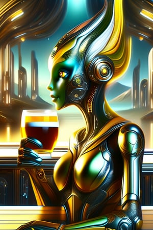 A very slim kind of feminine attractive scifi and tech creature of Venus is drinking her pint of beer on the bar in a pub and flirting with the man behind the bar, high resolution and contrast and colour contrast,  intricately textured and scifi, extremely subtle detailed, detailmaster2,  side-light,  ultra quality,  fine artwork ,DonMX3n0T3chXL