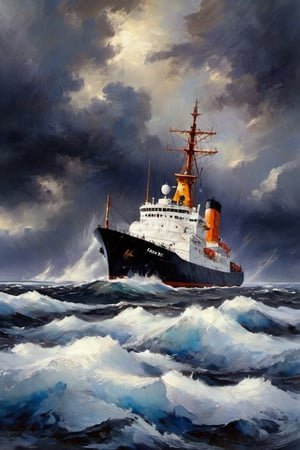 (Oil painting,  masterpiece ) dramatic scene, an ice-breaker inmidst of a storm  near the southpolar region, epic view,  dark palette,  high resolution and contrast and colour contrast,  intricately textured and extremely subtle detailed,  detailmaster2,  side-light,  ultra quality,  fine artwork 