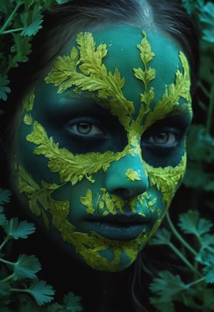 The face of a beauty masked with a crust  of parsley,thyme and sage on the face  with a bioluminescent effect, high resolution and contrast and colour contrast,  intricately textured and extremely detailed,  detailmaster2,  side-light,  ultra quality,  dark  vivid palette , light-chartreuse/teal luminescent background, 
 ,LuminescentCL