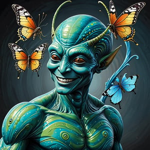 (Comic  Art) a male Alien with a swirled skin and amazing friendly, smiling face and empathy for living organisms dances together with a butterfly,  dark palette, high  resolution and contrast and colour contrast,  intricately textured and extremely subtle detailed,  detailmaster2,  side-light,  ultra quality,  fine artwork,sad looking,tears,sorrowful