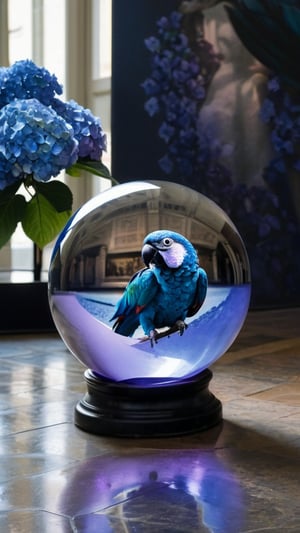 (((Black and white photography )))_(((Art photography, masterpiece)))_( A large round translucent concrete crystal  ball filling the image, lying on a museum floor  reflecting a blue mawcaw parrot ,a light-violet hydrangea  in dimetric projection to a mirror:1.7)_(black and white  surroundings:1.2),  dark palette, 28mm, t1/250, f14,  high resolution and contrast and colour contrast,  intricately textured and extremely subtle detailed,  detailmaster2,  side-light,  ultra quality,  fine artwork , Raw Photo