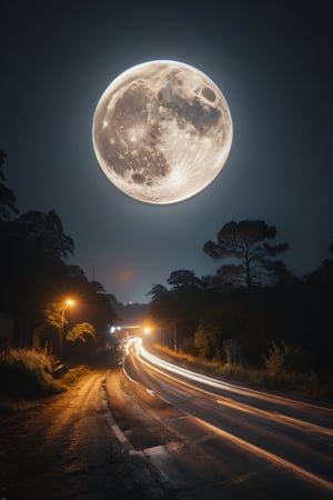 (Long-exposure photography) a night photograph of the full moon out of a slowly moving car,  300mm, f8, t1,5s, dark palette,  high resolution and contrast and colour contrast,  intricately textured and extremely subtle detailed,  detailmaster2,  side-light,  ultra quality,  fine artwork 