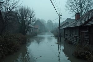 (National geographic style, masterpiece) A flooded village in Saxony , for too heavy  rainfall. People  must leave overflooded houses, some can rescue themselves  in the upper etages. The wild water has taken over roads and cars. Civilization has taken a full stop. Dark palette,  greyish toned colors, epic view, dramatic lighting,  high resolution and contrast and colour contrast,  intricately textured and extremely subtle detailed,  detailmaster2,  side-light,  ultra quality,  fine artwork 