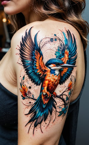  A shoulder tattoo of a flying kingfisher, very elegant for women , dark vivid colours , high resolution and contrast and colour contrast,  intricately textured and extremely subtle detailed, detailmaster2,  side-light,  ultra quality,  fine artwork 