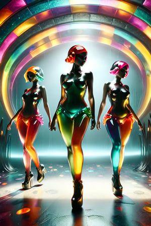 3 grazie, 3 female jelly nightclub dancers moving fluently soft and concrete, dark  vivid palette,  glimmering background,  high resolution and contrast and colour contrast,  intricately textured and extremely subtle detailed,  detailmaster2,  side-light,  ultra quality,  fine artwork 