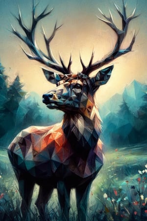( Pastelart) Profile of a belling red deer, head back, open mouth,  in the meadow in the early morning, nebulous mystical atmosphere, trees around the meadow, dark vivid palette, cyan matrix background,  high resolution and contrast,  high colour contrast,  intricately textured and extremely subtle detailed,  detailmaster2,  side-light,  ultra quality,  fine artwork ,drawing with pastels,ral-polygon,CharcoalDarkStyle