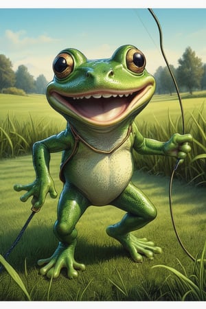 A green frog with a large grin on his face is jumping rope on the grass , dark vivid palette,  high resolution and contrast,  high colour contrast,  intricately textured and extremely detailed,  detailmaster2,  ray tracing shadows,  backlight,  ultra quality,  fine artwork ,ink art,line art illustration