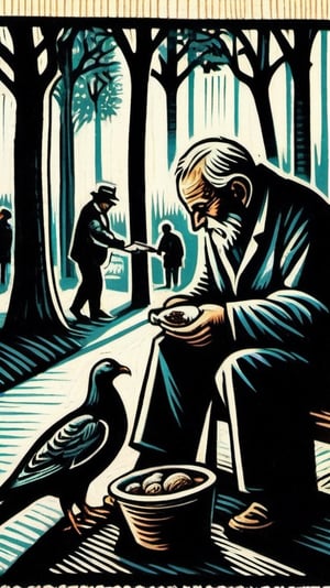 A lino print of a n old man feeding pigeons in the parc, dark palette,  high resolution and contrast,  intricately textured and detailed,  fine artwork,woodblock print