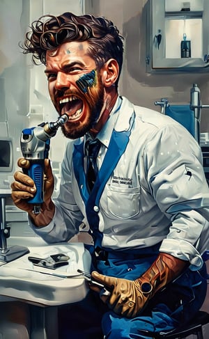 (Ink drawing) a dentist going crazy with his drill, dark vivid palette,  high resolution and contrast and colour contrast,  intricately textured and extremely subtle detailed,  detailmaster2,  side-light,  ultra quality,  fine artwork ,ink art,DonMD347hM374lXL ,DonMCyb3rSp4c3XL