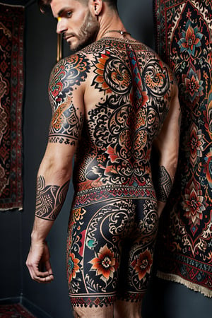  A full-body tattoo in the style of old persian carpets , very elegant for men and women equally, dark warm colours , high resolution and contrast and colour contrast,  intricately textured and extremely subtle detailed, detailmaster2,  side-light,  ultra quality,  fine artwork 