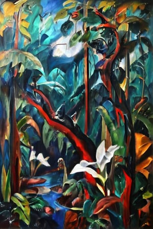 (Oil painting- Surrealistic rainforest scenery, Max Ernst's style) _ (abstract features brought together to plant- like structures:1.5)_( in the trees orchids and birds) extra dark palette, dark greens and dark browns, teal, white , dramatic lightning,  high resolution and contrast and colour contrast,  intricately textured and extremely subtle detailed,  detailmaster2,  ultra quality,  fine artwork detail XL