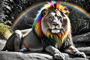  (photographic artwork) (monochrome  image 70s style black and white and rainbow colours)  a full-body  portrait  of a grinning  lion with a rainbow coloured  mane in a zoo, dark palette , transparent  fading,  resolution and contrast and colour contrast,  intricately textured and extremely subtle detailed,  detailmaster2,  side-light,  ultra quality,  fine artwork 