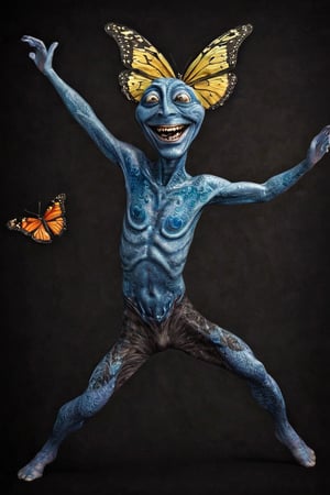 (Comic  Art) a male Alien with a funny swirled skin and amazing friendly smiling faces and empathy for living organisms dances together with a butterfly,  dark palette, high  resolution and contrast and colour contrast,  intricately textured and extremely subtle detailed,  detailmaster2,  side-light,  ultra quality,  fine artwork 