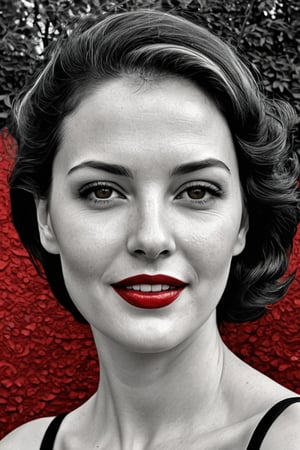  (photographic artwork, masterpiece) (((monochrome  image 40s style black and white) and red ), yellow hue to the background)  a full-body  portrait  of a grinning  lady with dark red lipstick coloured lips in a parc , dark palette , transparent  fading,  resolution and contrast and colour contrast,  intricately textured and extremely subtle detailed,  detailmaster2,  side-light,  ultra quality,  fine artwork 