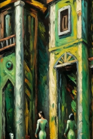 A surrealistic oil paint reminiscenting rainforest life, structures and textures intermingle, it's also concrete as fantastical, no erspective, 1 image plane, extra dark palette of greens and browns, masterpiece,  ultra quality,  fine artwork inspired  by Max Ernst's works 