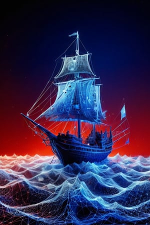 (Kirigami) a geometrically abstracted kirigami masterpiece of a boat on sea in blue, white, indigo, scarlet, black papers, dark palette,  high resolution and contrast and colour contrast,  intricately textured and extremely subtle detailed,  detailmaster2,  side-light,  ultra quality,  fine artwork , epic view