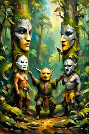 ((A Hieronymus Bosch-like scenery )(A totem dance in rainforest around a masked tree with cut in masks  of gods and demons:1.6)),BREAK,(masked with demonesc wood masks, men and women dancing together around the tree:1.2),BREAK, (dark greens, browns, grays, yellows and muted colours:1.2), intense atmosphere, action, elegant deep focus, detailmaster2,  strobe lighting, concept art, ultra quality,  fine artwork, oil painting 