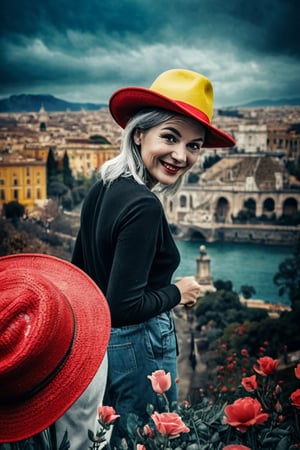  (photographic artwork, masterpiece) (((monochrome  image 80s style black and white) and red ), iyellow hue to the background)  a full-body  portrait  of a grinning  lady with a red hat in Rome, dark palette , transparent  fading,  resolution and contrast and colour contrast,  intricately textured and extremely subtle detailed,  detailmaster2,  side-light,  ultra quality,  fine artwork 