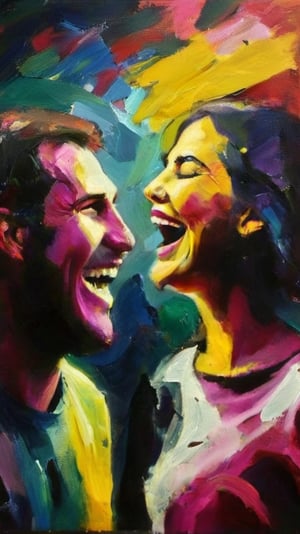 An expressive  scenery of1 man and 1 woman laughing at each other, dark palette, painted in tertiary colours,  pink/yellow background,  high contrast,  detailmaster2,  side-light,  ultra quality ,expressionist painting,palette knife painting,DonMD1g174l4sc3nc10nXL 