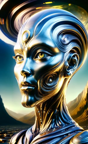 Out of a heavy seastorm with branding waves appears a female scifi creature of liquid metal with an unreadable expression, dark palette,  high resolution and contrast and colour contrast,  intricately textured and extremely subtle detailed,  detailmaster2,  side-light,  ultra quality,  fine artwork 