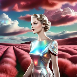 (((Colour photography)))_(((Art photography, masterpiece)))_(((the photograph of an elegant holographic vintage Lady of the 30s:1.7)))_(((background, grassy plain all over in scarlet/maroon:1.3)))_(((in the sky fantastically formed clouds:1.3)))_volumetric lighting,  dark palette, 28mm, t1/250, f14,  deep focus, high resolution and contrast and colour contrast,  intricately textured and extremely subtle detailed,  detailmaster2, side-light,  ultra quality,  fine artwork , Raw Photo