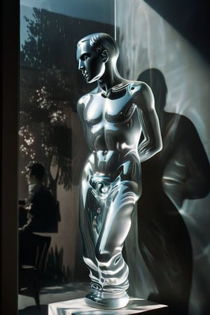  (photographic artwork, masterpiece) ((monochrome  image 50s style black and white  and ray tracing shadows), evening  side- view of  1 cleartranslucent amorphous glass statue reflecting a window and throwing complicated  distorted shadows on the wall behind, in the photographic style of Andre Kertesz, moody dark palette, side- light, ray  tracing shadows, transparent  fading,  resolution and contrast and colour contrast,  intricately textured and extremely subtle detailed,  detailmaster2,  side-light, ultra  quality,  fine artwork 