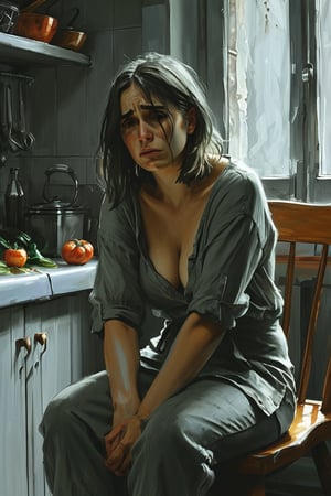 ( Concept art, masterpiece) A very sad, crying ripe female sitting on a chair in small kitchen. A dull atmosphere, crying hopelessness,  duotoned colouring gray/grayish green , dark palette,  strobe lighting