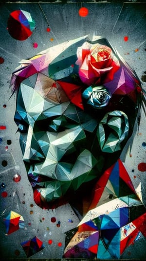 A dramatic surrealist All-Rose Digital Painting, in Max Ernst's style,  on different papers, different looks, different colours, intricately textured, structured and detailed,  deep focus, deep contrast, clear outlines, detailmaster2,  backlight, bright-scarlet-grey background, dark palette,ral-polygon