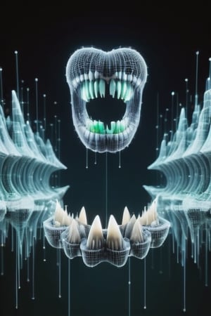 A ballet  of prothetic zirkonium teeth and natural teeth on stage,   a surrealistic scenery, cinematic, green Matrix, moody lighting, studio light teeth in the background ,3D Mesh,dissolving into pixels
