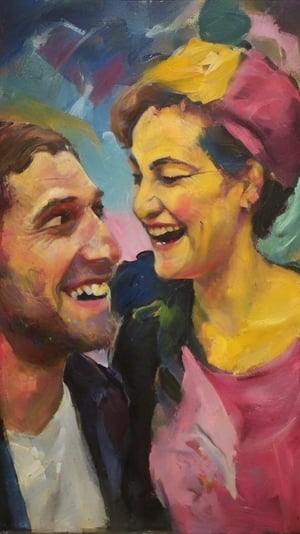 An expressive  scenery of1 man and 1 woman laughing at each other, dark palette, pink/yellow background,  high contrast,  detailmaster2,  side-light,  ultra quality ,expressionist painting,palette knife painting,DonMD1g174l4sc3nc10nXL 