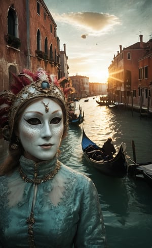 An infrared double-exposure  first shot the sunrise over a canale in Venice second shot 2 people in venetian carnival masking,  high resolution and contrast and colour contrast,  intricately textured and extremely subtle detailed,  detailmaster2,  backlight,  ultra quality,  fine artwork 