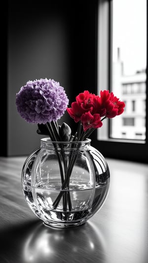 (((Black and white photography )))_(((Art photography, masterpiece)))_( A large round translucent concrete crystal  vase filling the image, lying on a museum floor with scarlet cyclamen  ,a light-violet hydrangea  in divergent perspective:1.7)_(black and white  surroundings:1.2)_(background  a large bright modernistic window:1.3) dark palette, 28mm, t1/250, f14,  high resolution and contrast and colour contrast,  intricately textured and extremely subtle detailed,  detailmaster2,  side-light, volumetric  lighting, ultra quality,  fine artwork , Raw Photo