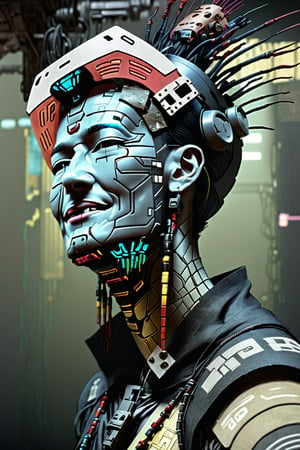 Cyberpunk
Break
Full body view
Break
side-view
Break
intrinsic mechatronic structure culminate into rest of grinning human face
Break
background cyber structures
Break
dark palette,  high resolution and contrast and colour contrast,  intricately textured and extremely subtle detailed , detailmaster2, epic view,  ray tracing shadows,  side-light, DomMG4140XL, ultra quality,  fine artwork 