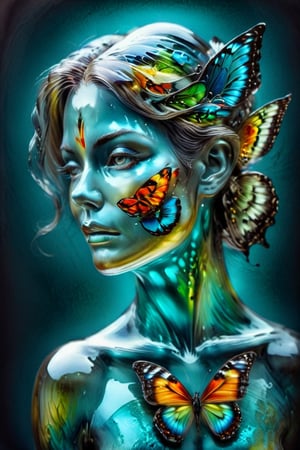 A woman , a queen who wishes becoming  a butterfly,  vivid palette, olive-cyan  foreground,  moody lighting,  high resolution and contrast,  intricately textured and extremely detailed,  detailmaster2,  side-light,  best quality,  fine artwork,ink art,Clear Glass Skin