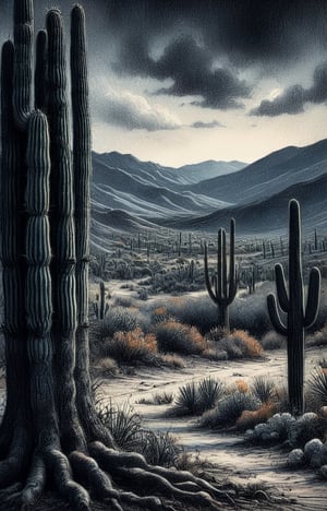 A charcoal ink coloured drawing of Saguaro cacti, high resolution and contrast and colour contrast,  dark palette,  intricately textured and extremely expressively detailed, detailmaster2,  fine artwork,  ultra quality,  epic view ,CharcoalDarkStyle,charcoal drawing,ink art,line art illustration