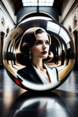 (((Black and white photography)))_(((colour photography)))_(((Art photography, masterpiece)))_( cour photography_A large round glass ball filling the image, lying on a museum floor shows the reflection  of an elegant woman of the 30s in accelerated perspective:1.7)_(black and white  surroundings:1.2),  dark palette, 28mm, t1/250, f14,  high resolution and contrast and colour contrast,  intricately textured and extremely subtle detailed,  detailmaster2,  side-light,  ultra quality,  fine artwork , crystal sword 