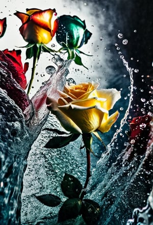 (((Black and white photography)))_(((Colour photography)))_(((Art photography, masterpiece)))_( an image filling glass with water,:1.5)_( red, blueyellow watercolour diffusing into the water in accelerated curvilinear perspective:1.7)_(in the foreground are red, yellow and orange roses:1.5)_(in the background green figure:1.3)_(black and white  surroundings:1.2),  dark palette, 28mm, t1/250, f14,  deep focus, high resolution and contrast and colour contrast,  intricately textured and extremely subtle detailed,  detailmaster2,  backlight, dramatic  lighting, ultra quality,  fine artwork , Raw Photo