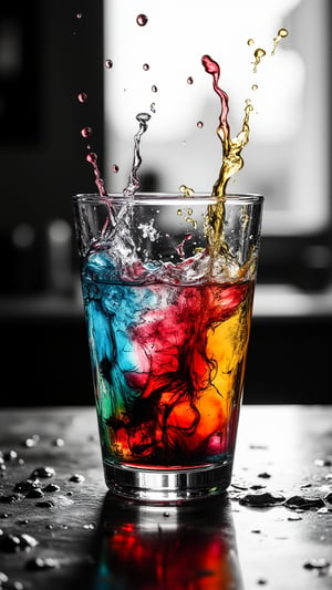 (((Black and white photography)))_(((Colour photography)))_(((Art photography, masterpiece)))_( an image filling glass with water,:1.4)_( red, blueyellow watercolour diffusing into the water in accelerated curvilinear perspective:1.6)_(in the backgrounda green figure:1.3)_(black and white  surroundings:1.2),  dark palette, 28mm, t1/250, f14,  deep focus, high resolution and contrast and colour contrast,  intricately textured and extremely subtle detailed,  detailmaster2,  backlight, dramatic  lighting, ultra quality,  fine artwork , Raw Photo