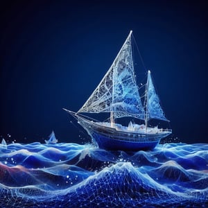 (Kirigami) a geometrically abstracted kirigami masterpiece of a boat on sea in blue, white, indigo, scarlet, black papers, dark palette,  high resolution and contrast and colour contrast,  intricately textured and extremely subtle detailed,  detailmaster2,  side-light,  ultra quality,  fine artwork , epic view