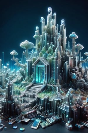 (Photography Artwork), APhotography in National  Geographic  style of a bismuth crystal town with miniature  faking characters,  bismuth crystal colours, ,lime, blue, scarlet,   plastic wrapped wire, inside pixeled world, cinematic, volumetric lighting,  Matrix, code, 3D Mesh,dissolving into pixels,3D Mesh, metallic background , depth of field, deep focus